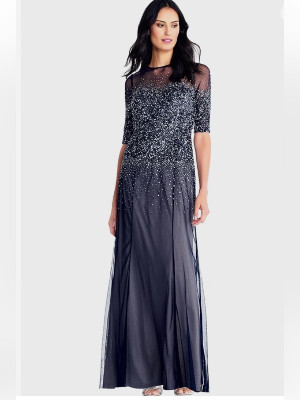 Adrianna Papell Women's 3/4 Sleeve Beaded Illusion Gown with Sweetheart Neckline